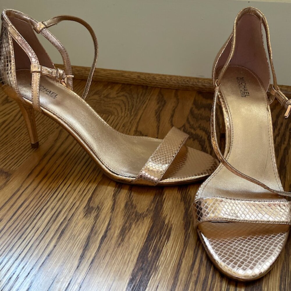 Rose Gold Light Metallic Michael Kors Strappy High Heel Sandals, Size 10